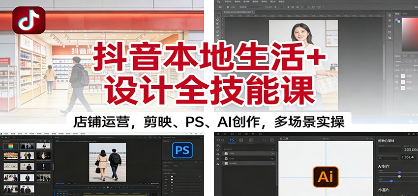 抖音本地生活+设计全技能课：店铺运营，剪映、PS、AI创作，多场景实操-佳佳云创网