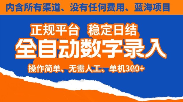 全自动数字录入，单机日入3张+，内含所有渠道全程免费零成本，操作简单可矩阵开干【揭秘】-佳佳云创网