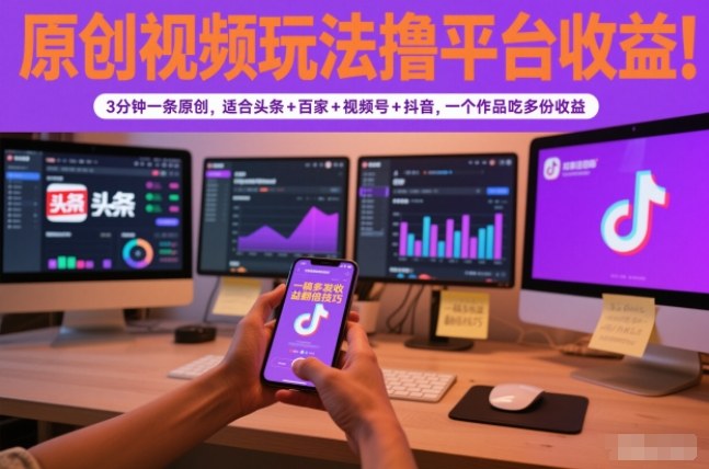 原创视频玩法撸平台收益，3分钟一条原创，适合头条+百家+视频号+抖音，一个作品吃多份收益-佳佳云创网