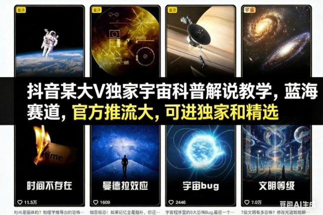 抖音某大V独家宇宙科普解说教学，蓝海赛道，官方推流大，可进独家和精选-佳佳云创网