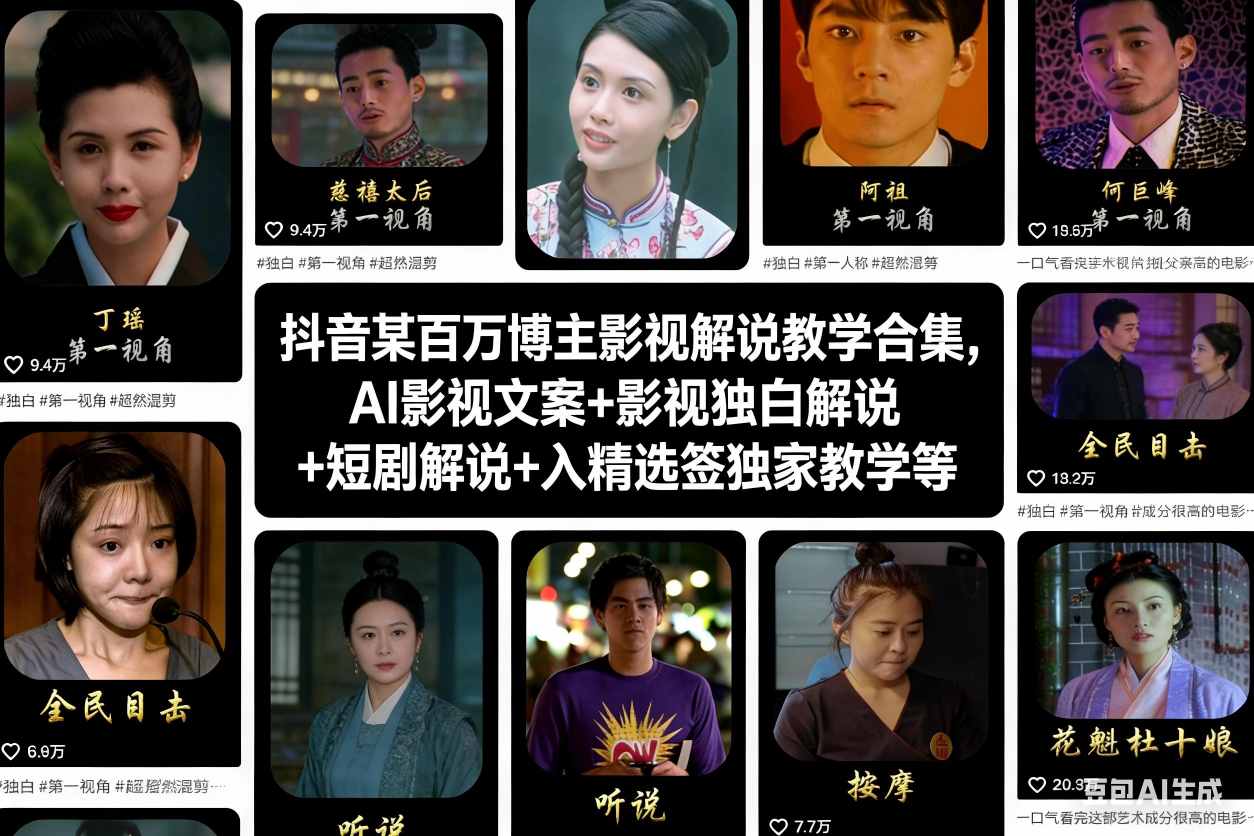 抖音某百万博主影视解说教学合集，AI影视文案+影视独白解说+短剧解说+入精选签独家教学等-佳佳云创网