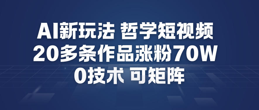AI新玩法哲学短视频制作教学，20多条作品涨粉70W，0成本赛道，可矩阵-佳佳云创网