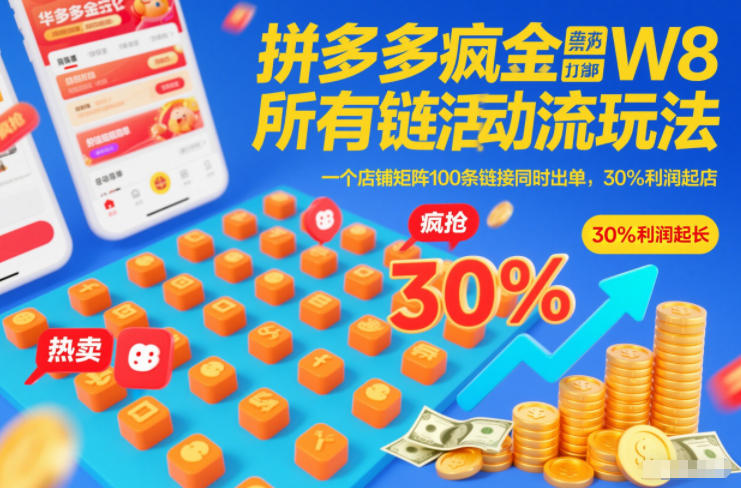 拼多多疯狂活动流玩法，所有链接全部打标，一个店铺矩阵100条链接同时出单，30%利润起店-佳佳云创网