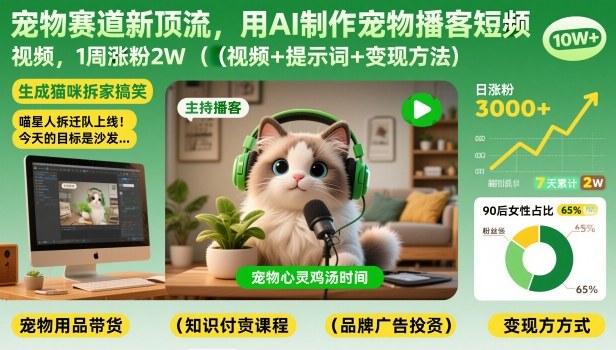 宠物赛道新顶流，用AI制作宠物播客短视频，1周涨粉2W（视频+提示词+变现方法）-佳佳云创网