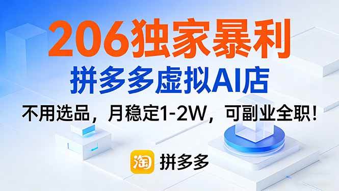（17234期）206独家暴利，拼多多虚拟AI店，不用选品，月稳定1-2W，可副业全职！-佳佳云创网