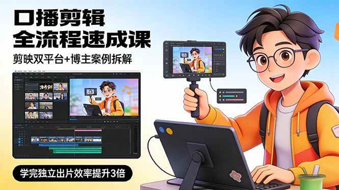 （17420期）口播剪辑全流程速成课，剪映双平台+博主案例拆解，学完独立出片效率提升3倍-佳佳云创网