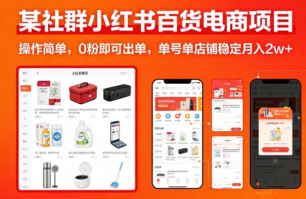 某社群小红书百货电商项目，操作简单，0粉即可出单，单号单店铺稳定月入2w+-佳佳云创网