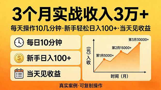 （17639期）3个月实战收入3万+，每天操作10几分钟，新手轻松日入100+，当天见收益-佳佳云创网