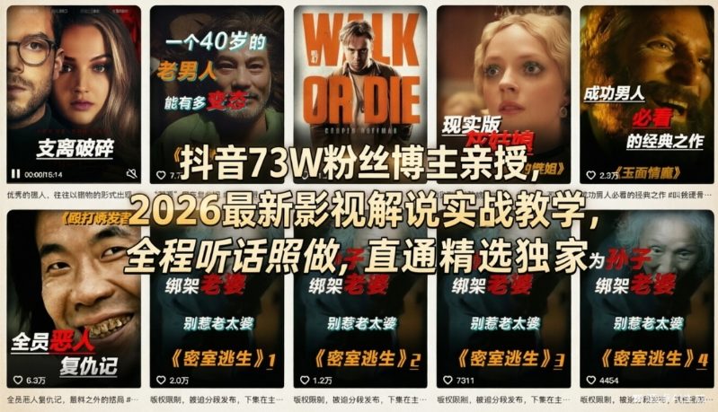 抖音73W粉丝博主亲授，2026最新影视解说实战教学，全程听话照做，直通精选独家-佳佳云创网
