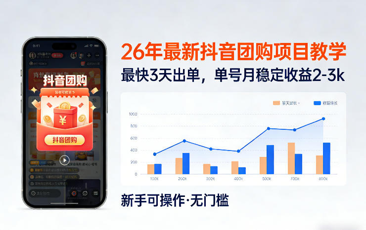 26年最新抖音团购项目教学，0门槛，最快3天出单，单号月稳定收益2-3k（更新3月19日）-佳佳云创网
