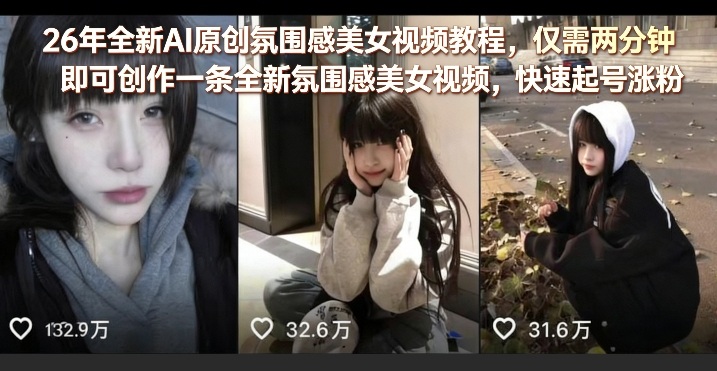 26年全新AI原创氛围感美女视频教程，仅需两分钟即可创作一条全新氛围感美女视频，快速起号涨粉-佳佳云创网