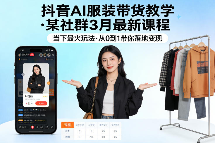 抖音AI服装带货教学，某社群3月最新课程，当下最火玩法，从0到1带你落地变现-佳佳云创网