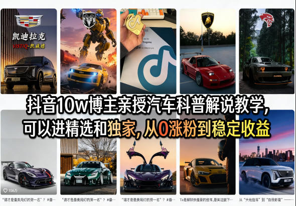 抖音10w博主亲授汽车科普解说教学，可以进精选和独家，从0涨粉到稳定收益（详细视频课程+1T素材）-佳佳云创网