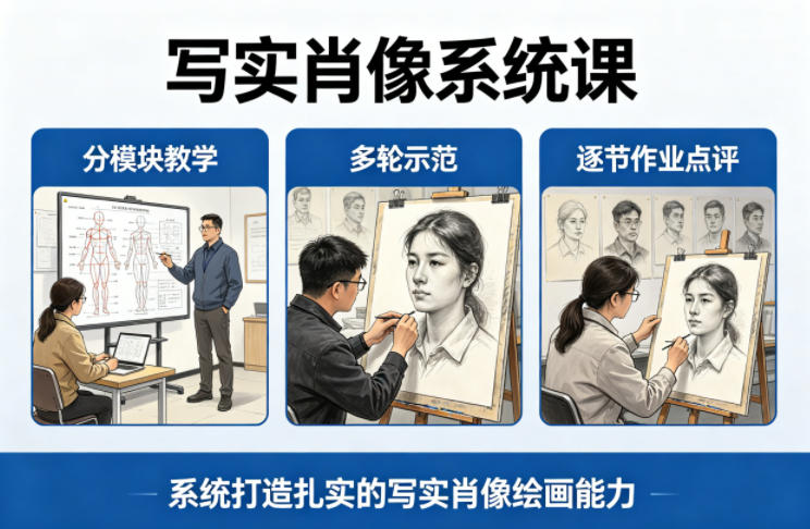 写实肖像系统课，全程分模块教学+多轮示范+逐节作业点评，系统打造扎实的写实肖像绘画能力-佳佳云创网