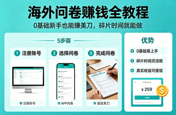 海外问卷賺钱全教程，0基础新手也能賺美刀，碎片时间就能做-佳佳云创网