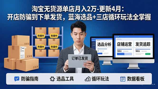 （17988期）淘宝无货源单店月入2万-更新4月：开店防骗到下单发货，蓝海选品+三店循环玩法全掌握-佳佳云创网