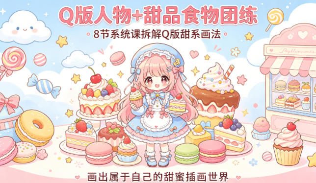 Q版人物+甜品食物团练，8节系统课拆解Q版甜系画法，画出属于自己的甜蜜插画世界-佳佳云创网