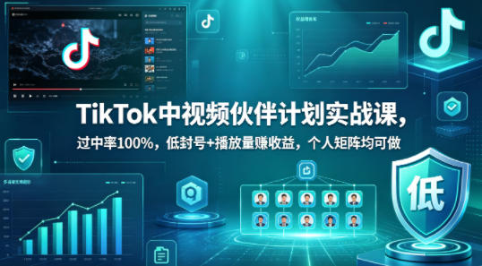 TikTok中视频伙伴计划实战课，过中率100%，低封号+播放量賺收益，个人矩阵均可做-佳佳云创网