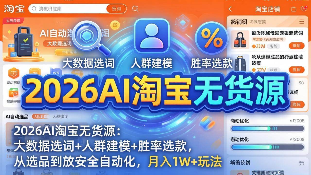 （18046期）2026AI淘宝无货源-4月更新：大数据选词+人群建模+胜率选款，从选品到放大全自动化，月入1W+玩法-佳佳云创网