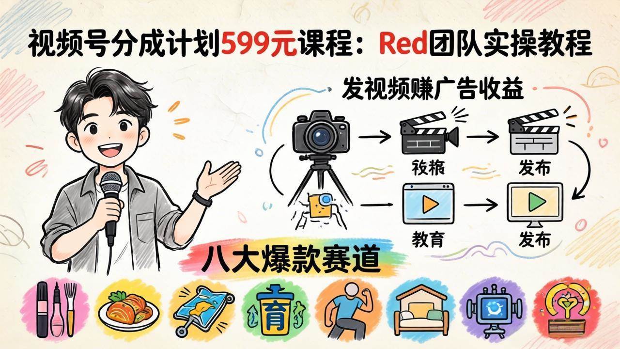 （18088期）视频号分成计划599元课程：Red团队实操教程，发视频赚广告收益，八大爆款赛道全掌握-佳佳云创网