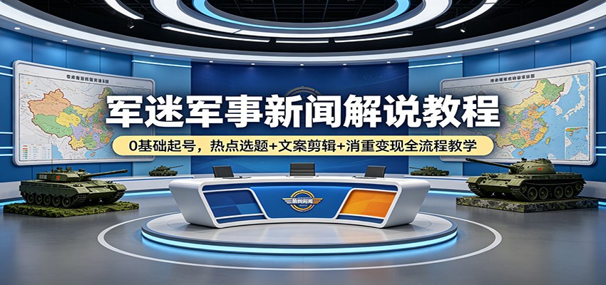 军迷军事新闻解说教程：0基础起号，热点选题+文案剪辑+消重变现全流程教学-佳佳云创网