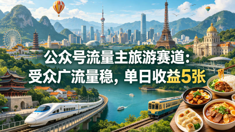公众号流量主之旅游赛道，受众广+流量稳，平均单日收益5张+-佳佳云创网