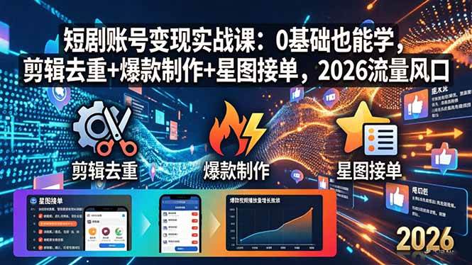 （18160期）短剧账号变现实战课：0基础也能学，剪辑去重+爆款制作+星图接单，2026流量风口-佳佳云创网