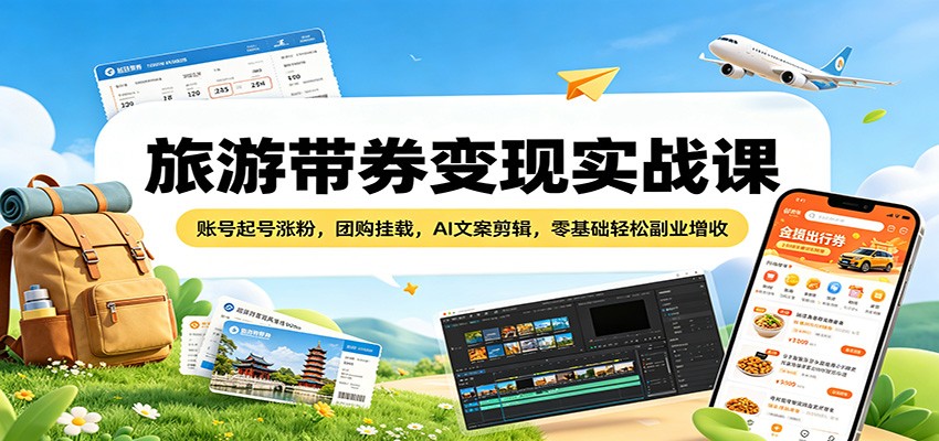 旅游带券变现实战课：账号起号涨粉，团购挂载，AI文案剪辑，零基础轻松副业增收-佳佳云创网