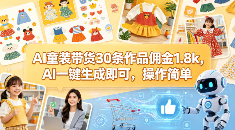 AI童装带货30条作品佣金1.8k，AI一键生成即可，操作简单-佳佳云创网