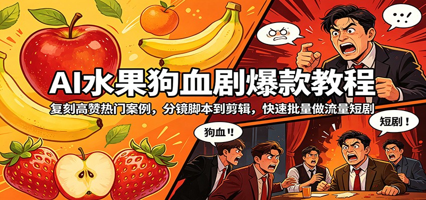 AI水果狗血剧爆款教程：复刻高赞热门案例，分镜脚本到剪辑，快速批量做流量短剧-佳佳云创网