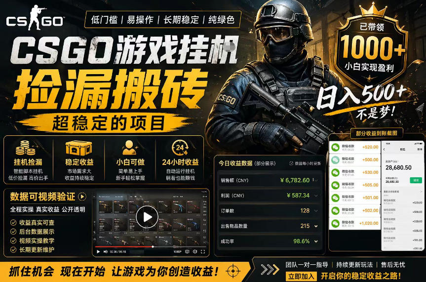 CSGO游戏搬砖，全自动挂G，不需要玩游戏，手机操作日入300+，解放双手【揭秘】-佳佳云创网