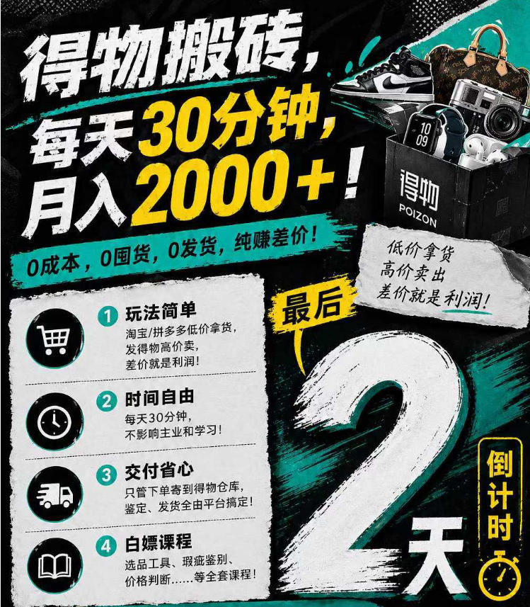 得物搬砖，0成本起步每天30分钟，月入2000+，0成本，0囤货，0发货，纯賺差价-佳佳云创网