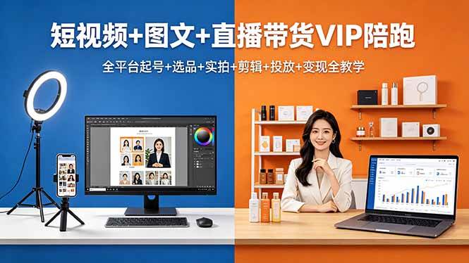 （18319期）短视频+图文+直播带货VIP陪跑，全平台起号+选品+实拍+剪辑+投放+变现全教学-佳佳云创网