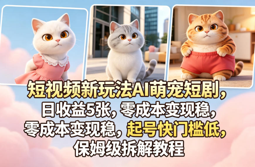 短视频新玩法AI萌宠短剧，日收益5张，零成本变现稳，起号快门槛低，保姆级拆解教程-佳佳云创网