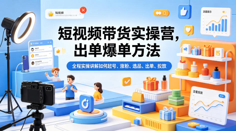 短视频带货实操营，出单爆单方法，全程实操讲解如何起号、涨粉、选品、出单、投放-佳佳云创网