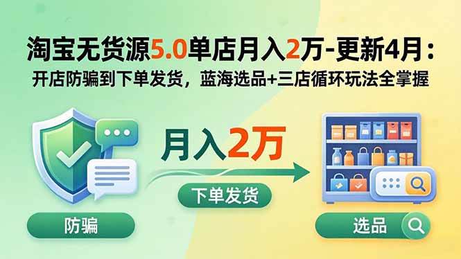 （18364期）淘宝无货源5.0单店月入2万-更新5月：开店防骗到下单发货，蓝海选品+三店循环玩法全掌握-佳佳云创网
