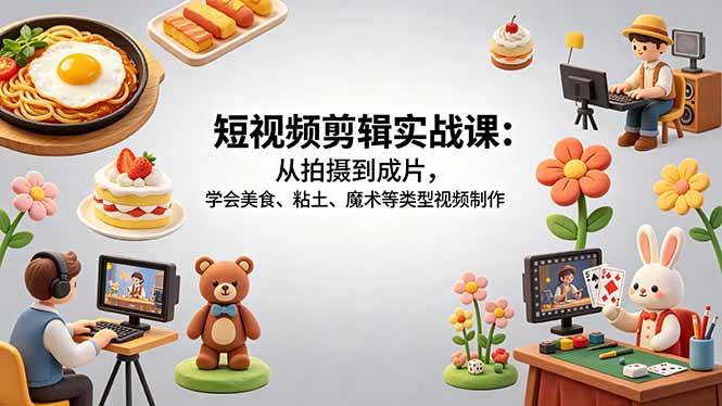 （18375期）短视频剪辑实战课：从拍摄到成片，学会美食、粘土、魔术等类型视频制作-佳佳云创网