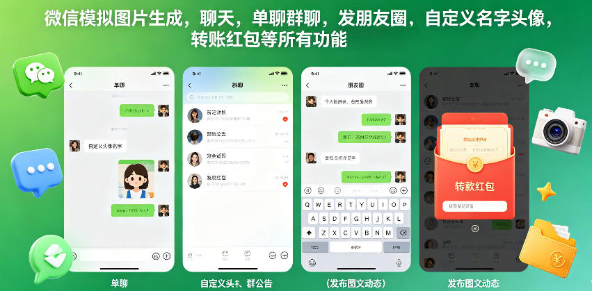 微信模拟图片生成，聊天，单聊群聊，发朋友圈，自定义名字头像，转账红包等所有功能都可以生成-佳佳云创网