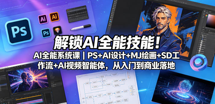 解锁AI全能技能！AI全能系统课｜PS+AI设计+MJ绘画+SD工作流+AI视频智能体，从入门到商业落地-佳佳云创网
