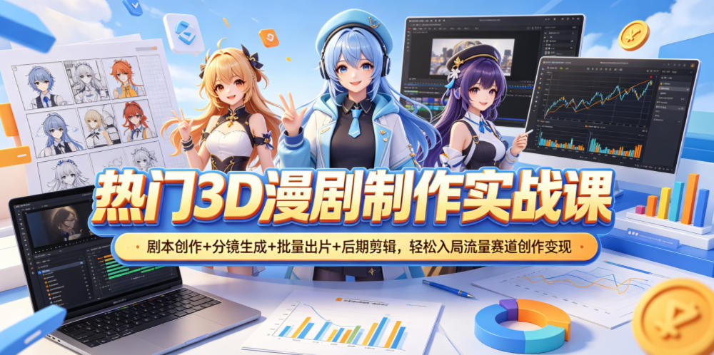 热门3D漫剧制作实战课，剧本创作+分镜生成+批量出片+后期剪辑，轻松入局流量赛道创作变现-佳佳云创网