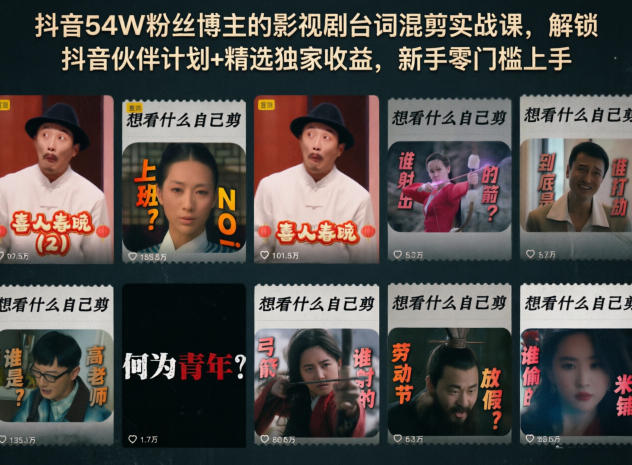 抖音54W粉丝博主的影视剧台词混剪实战课，解锁抖音伙伴计划+精选独家收益，新手零门槛上手-佳佳云创网