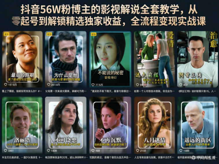 抖音56W粉博主的影视解说全套教学，从零起号到解锁精选独家收益，全流程变现实战课-佳佳云创网