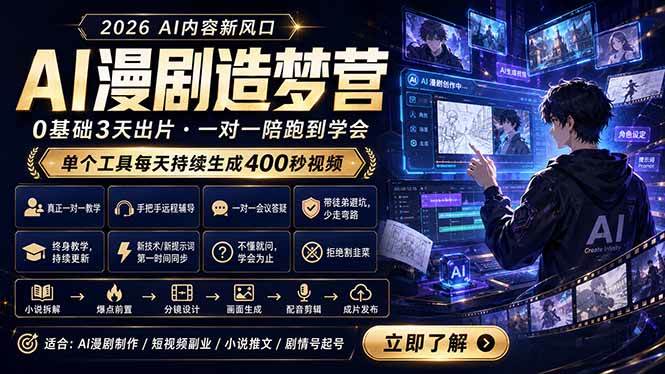 （18568期）AI漫剧造梦营：0基础3天出片，单个工具每天持续生成400秒视频-佳佳云创网
