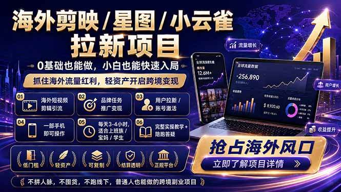 （18567期）海外剪映 / 星图 / 小云雀拉新项目 普通人也能上手的跨境流量变现副业-佳佳云创网
