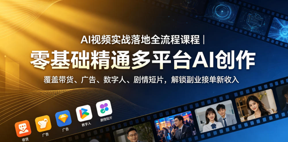 AI视频实战落地全流程课程｜零基础精通多平台AI创作，覆盖带货、广告、数字人、剧情短片，解锁副业接单新收入-佳佳云创网
