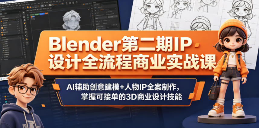 Blender第二期IP设计全流程商业实战课，AI辅助创意建模+人物IP全案制作，掌握可接单的3D商业设计技能-佳佳云创网