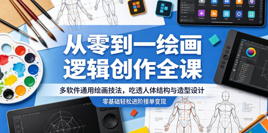 从零到一绘画逻辑创作全课，多软件通用绘画技法，吃透人体结构与造型设计，零基础轻松进阶接单变现-佳佳云创网