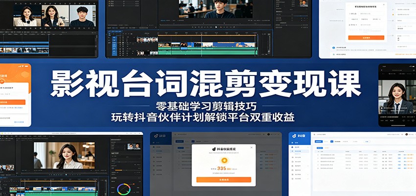 影视台词混剪变现课：零基础学习剪辑技巧，玩转抖音伙伴计划解锁平台双重收益-佳佳云创网