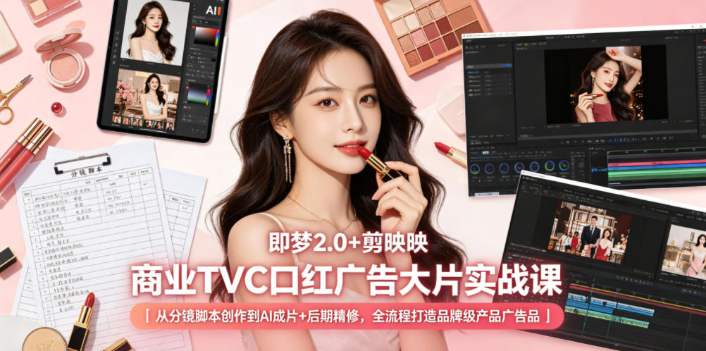 即梦2.0+剪映商业TVC口红广告大片实战课｜从分镜脚本创作到AI成片+后期精修，全流程打造品牌级产品广告-佳佳云创网