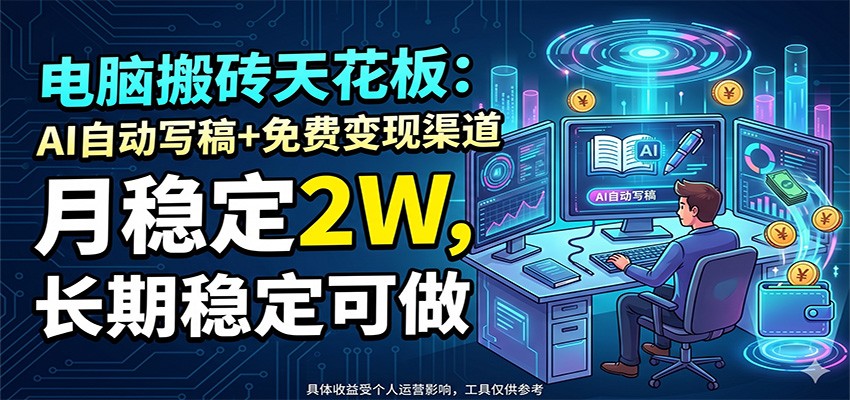 电脑搬砖天花板：AI自动写稿+免费变现渠道，月稳定2W，长期稳定可做-佳佳云创网
